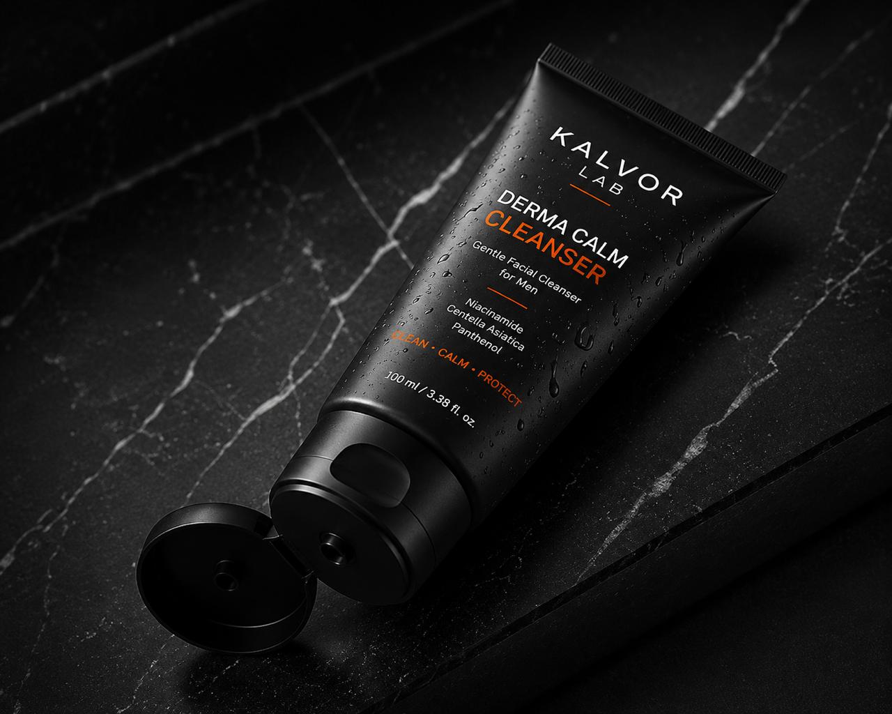Derma Calm Cleanser on black marble